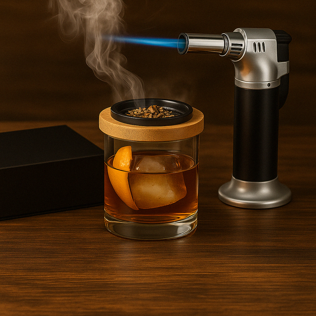 Kit de Fumage Cocktails – Smoker Set Professionnel avec Chalumeau, Copeaux Aromatiques et Couvercle en Bois